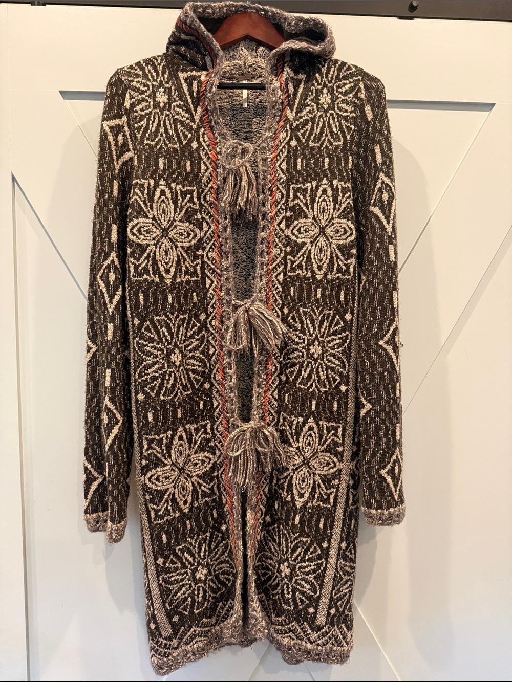 Free People Hooded Jacquard Long Cardigan Coatigan - Brown & Cream
